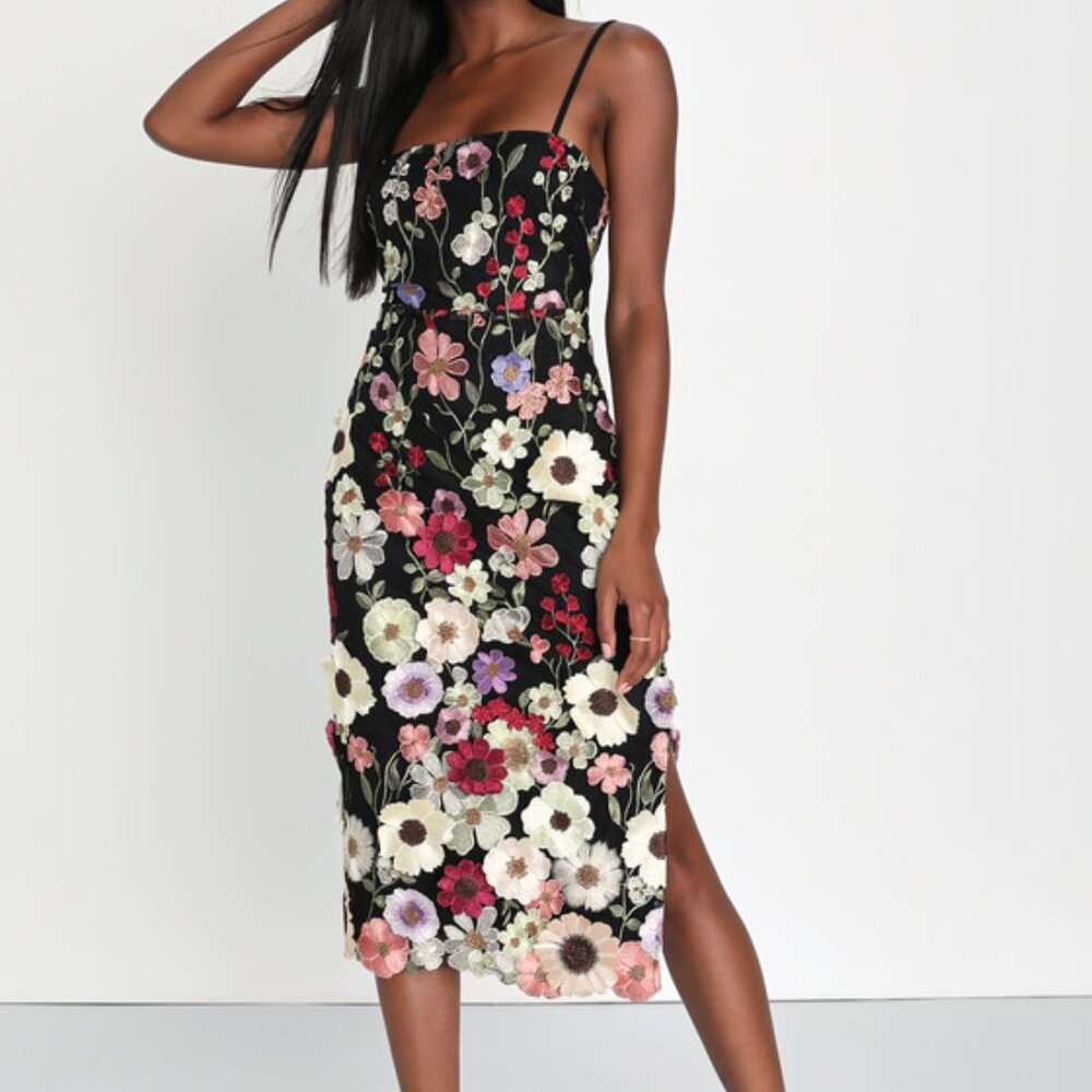 Lulus Thriving Energy Black 3d Floral Embroidered Lace-up Midi Dress - Size M